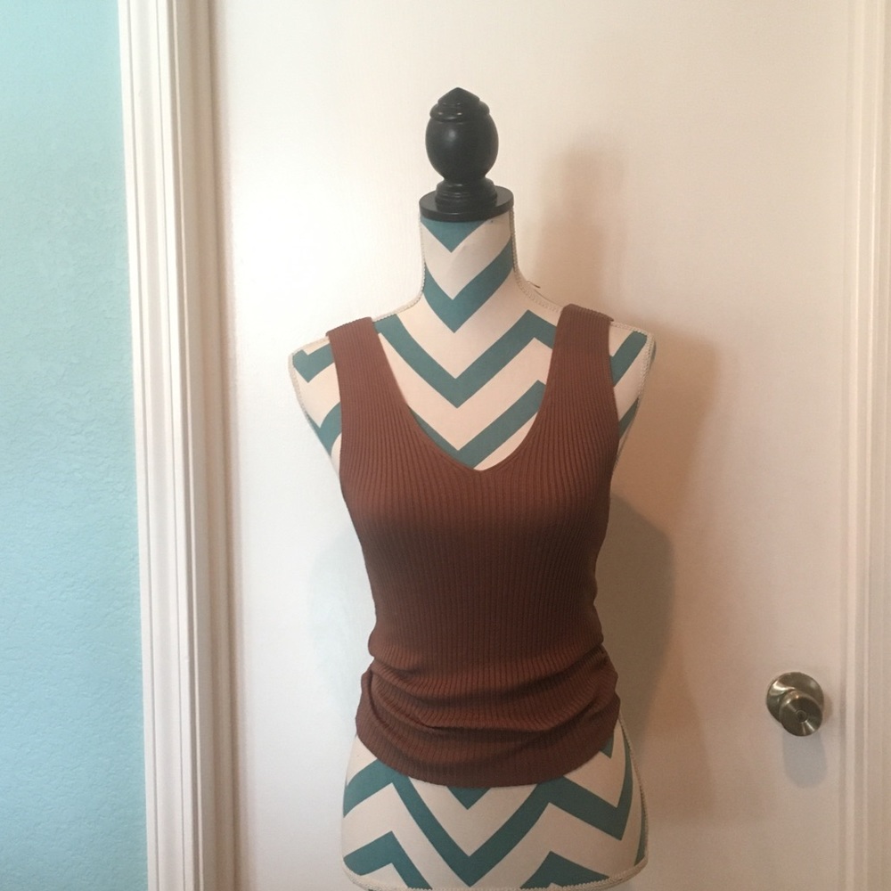 Bronzed ribbed double v neck tank w/ slight crop